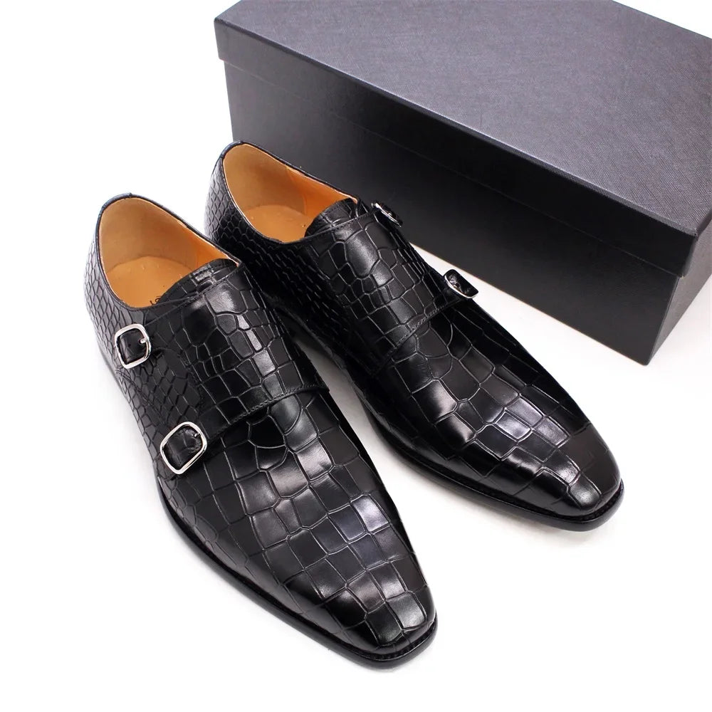 Crocodile Leather Pattern Double Buckle Shoes