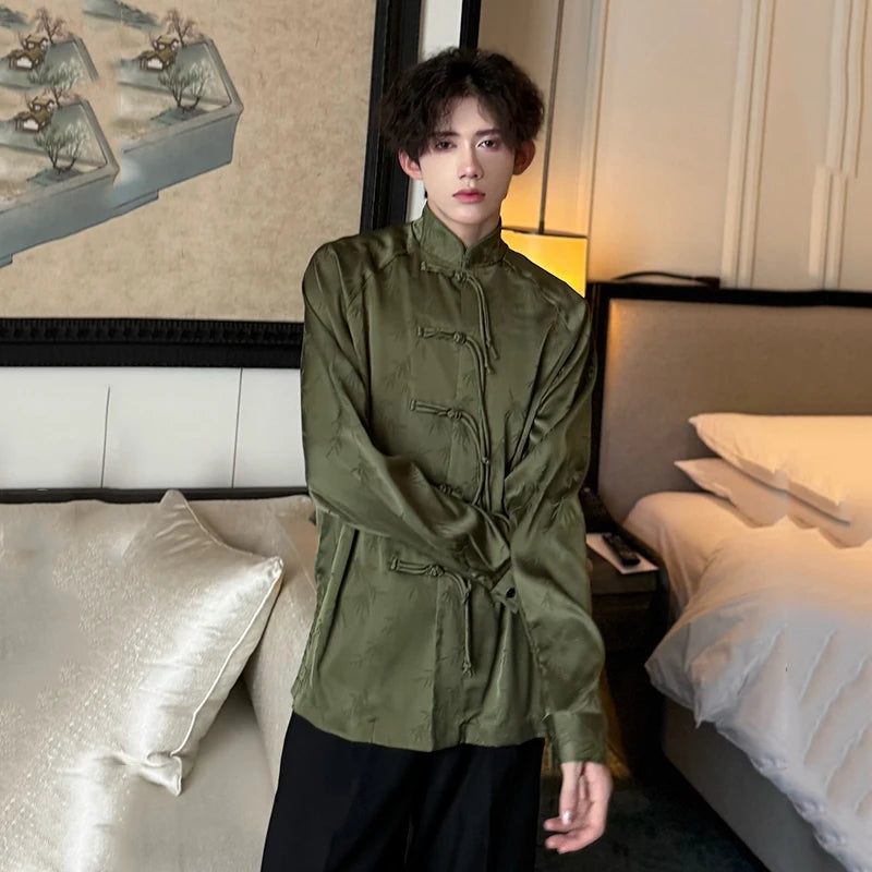 Green Color Chinese Style Long-Sleeve Shirt