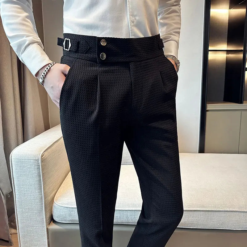 Solid Waffle High Waist Casual Slim Trousers