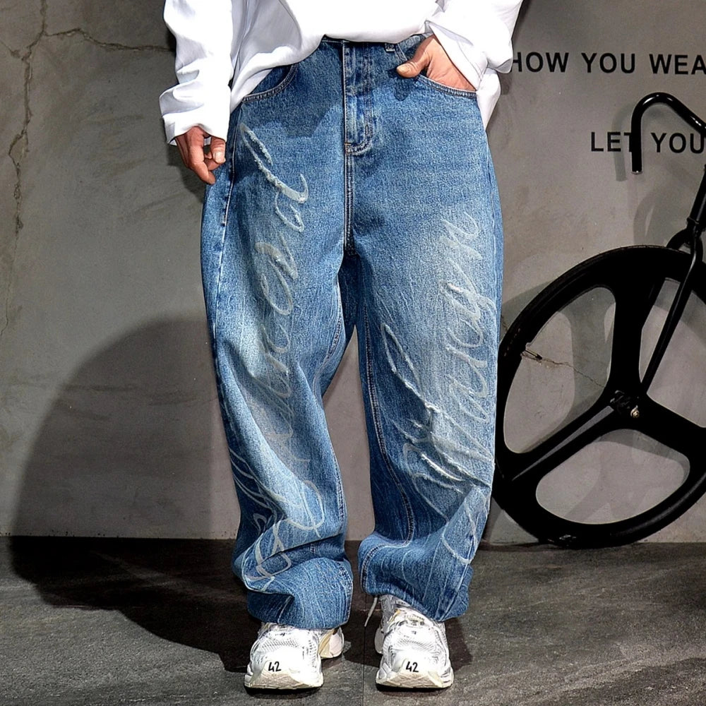 Cursive Script Embroidery Wide Leg Jeans