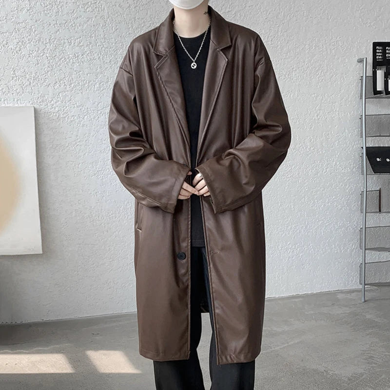 PU Leather Turn-down Collar Solid Men's Coat