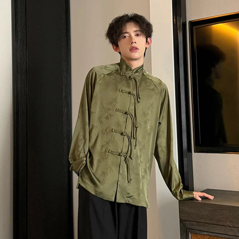 Green Color Chinese Style Long-Sleeve Shirt