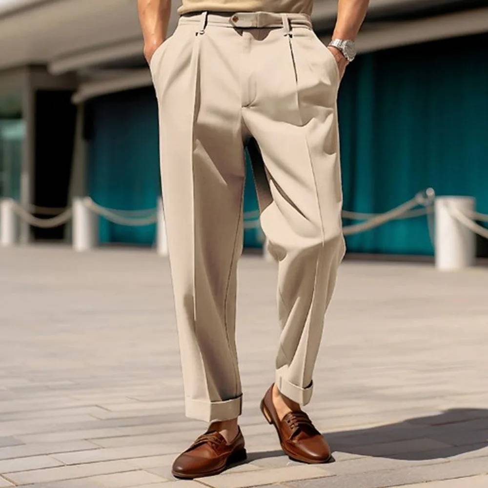 Solid Button Belt Straight Trousers