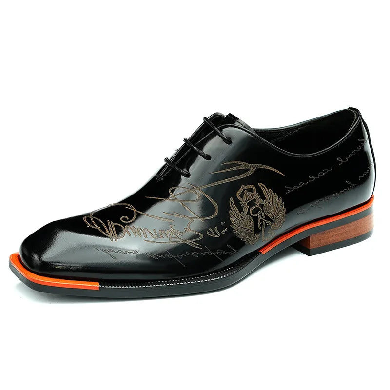 Handmade Engraving Black Genuine Leather Shoes