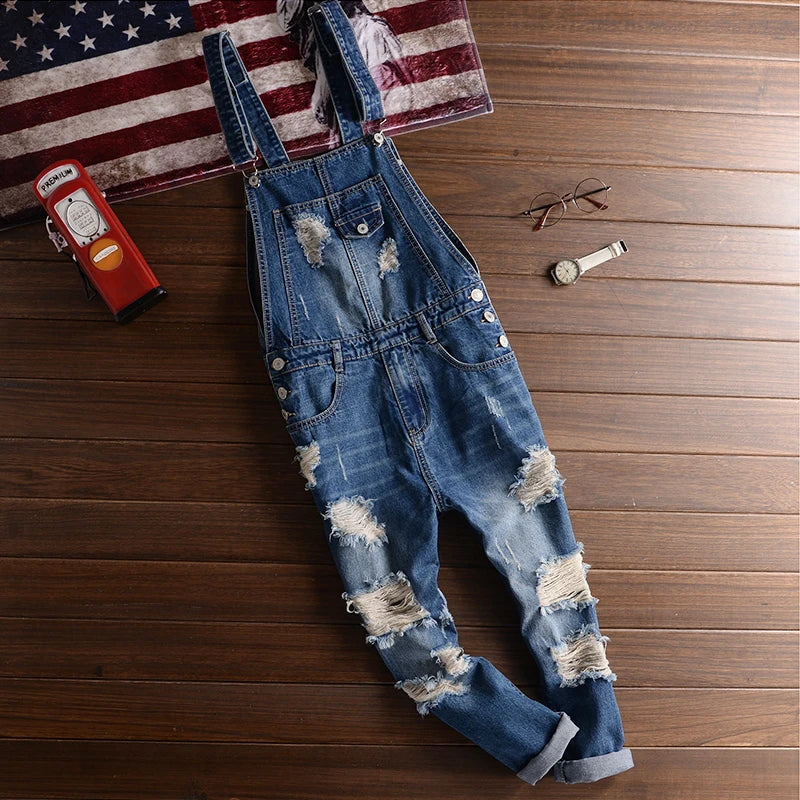 Denim Ripped Tattered Style Jumpsuit