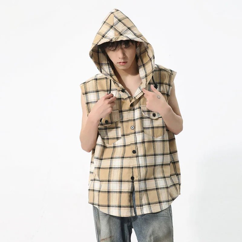 Contrast Color Plaid Hooded Vest