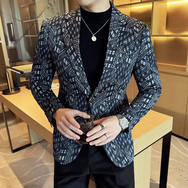 Geometric Grid Polyester Men's Blazer