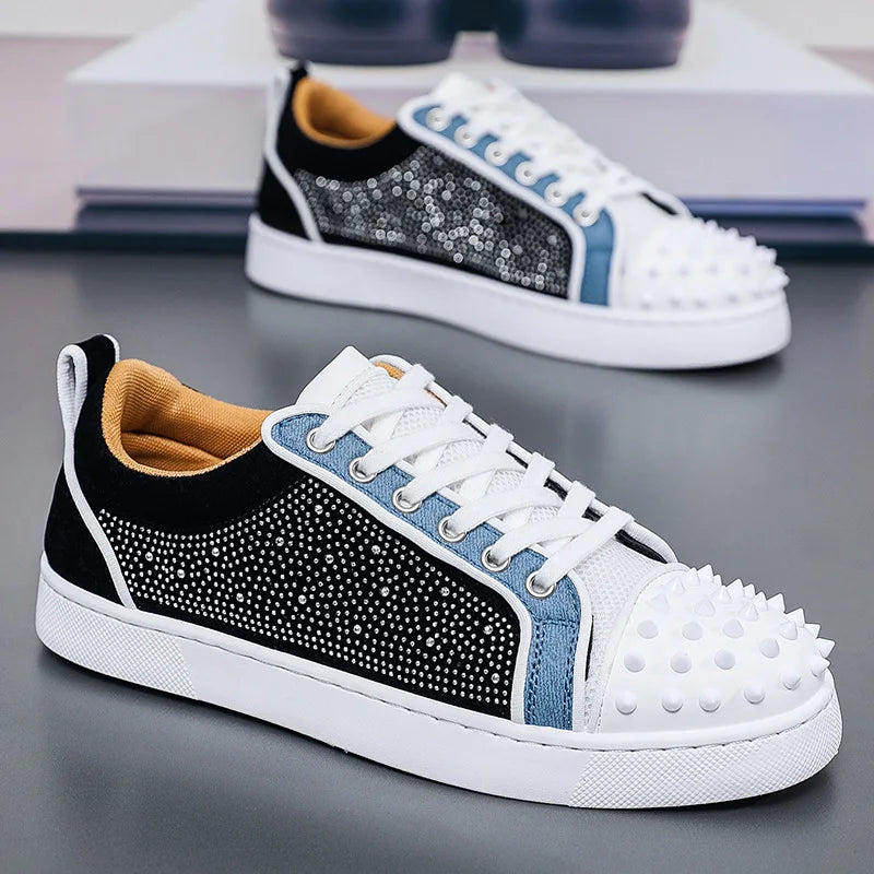 Patchwork Rhinestone Rivet Studded Sneakers