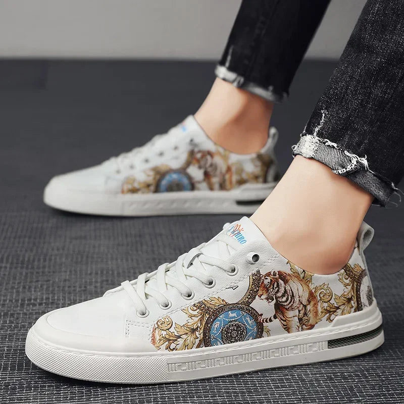 Tiger Print Flat Leather Sneakers