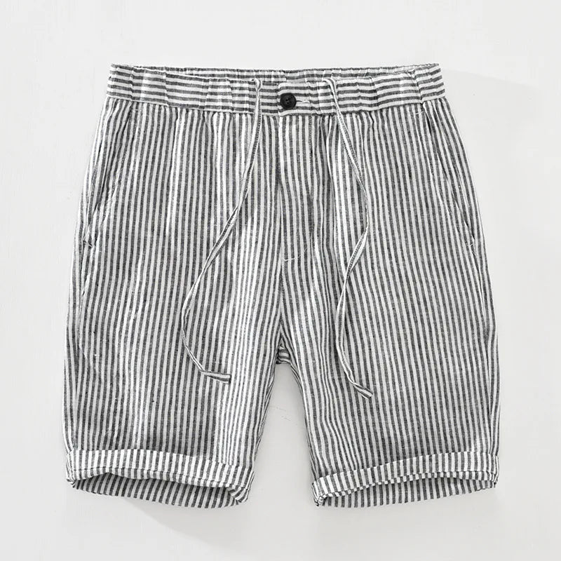 Striped Pure Linen Elastic Waist Shorts