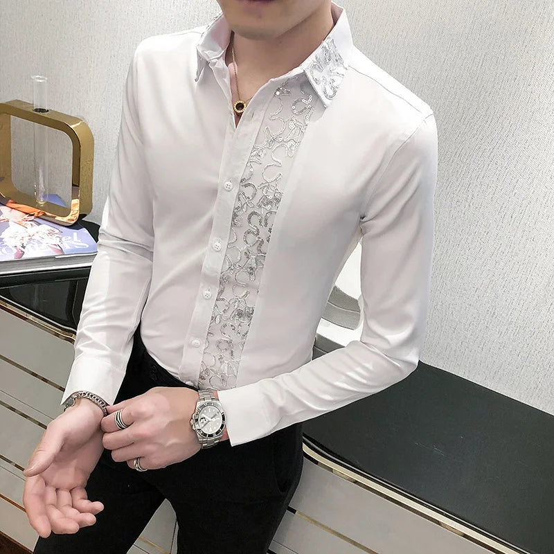 Solid Lace Sequin Slim Fit Shirt