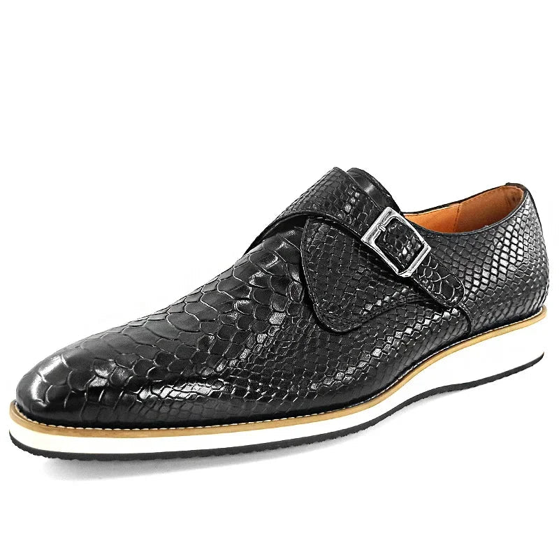 Black Snake Print Buckle Strap Monk Shoes