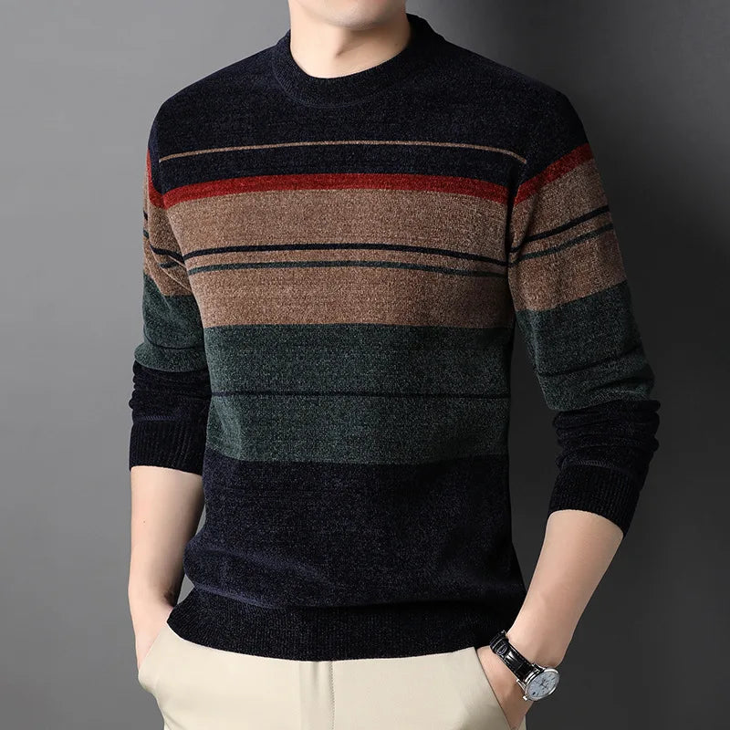 Casual Knitted Round Neck Striped Sweater