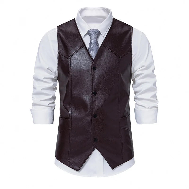 Single-Breasted Solid Faux Leather Vest