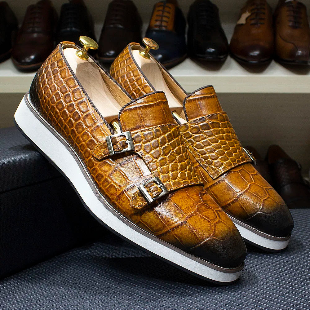 Crocodile Pattern Leather Double Monk Shoes