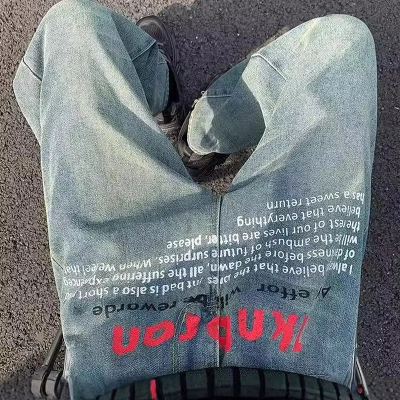 Printed Letter Hip-Hop Straight Loose Jeans