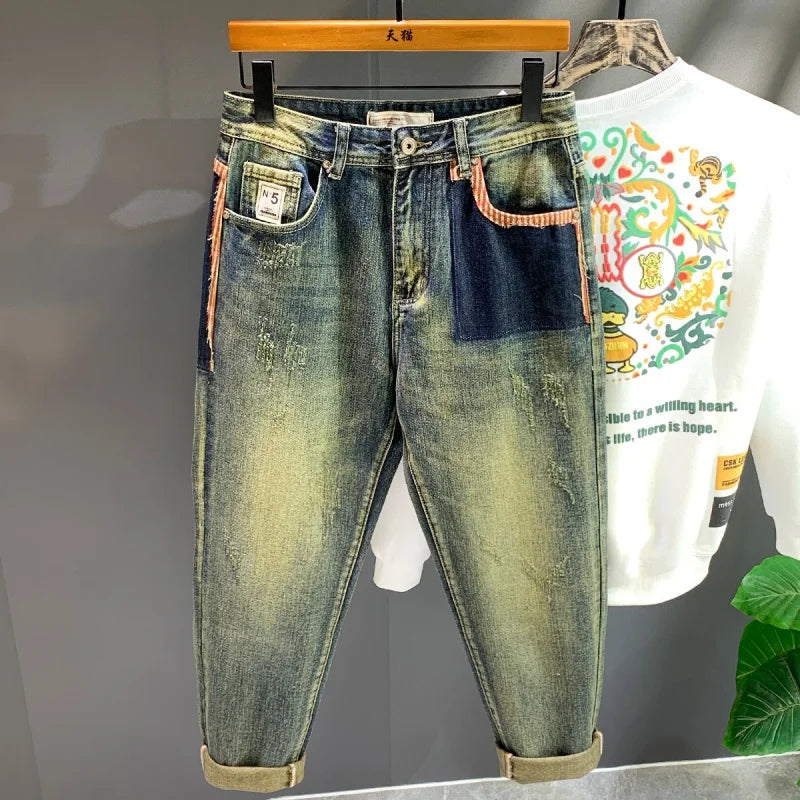 Retro Fashion Stitching Baggy Jeans