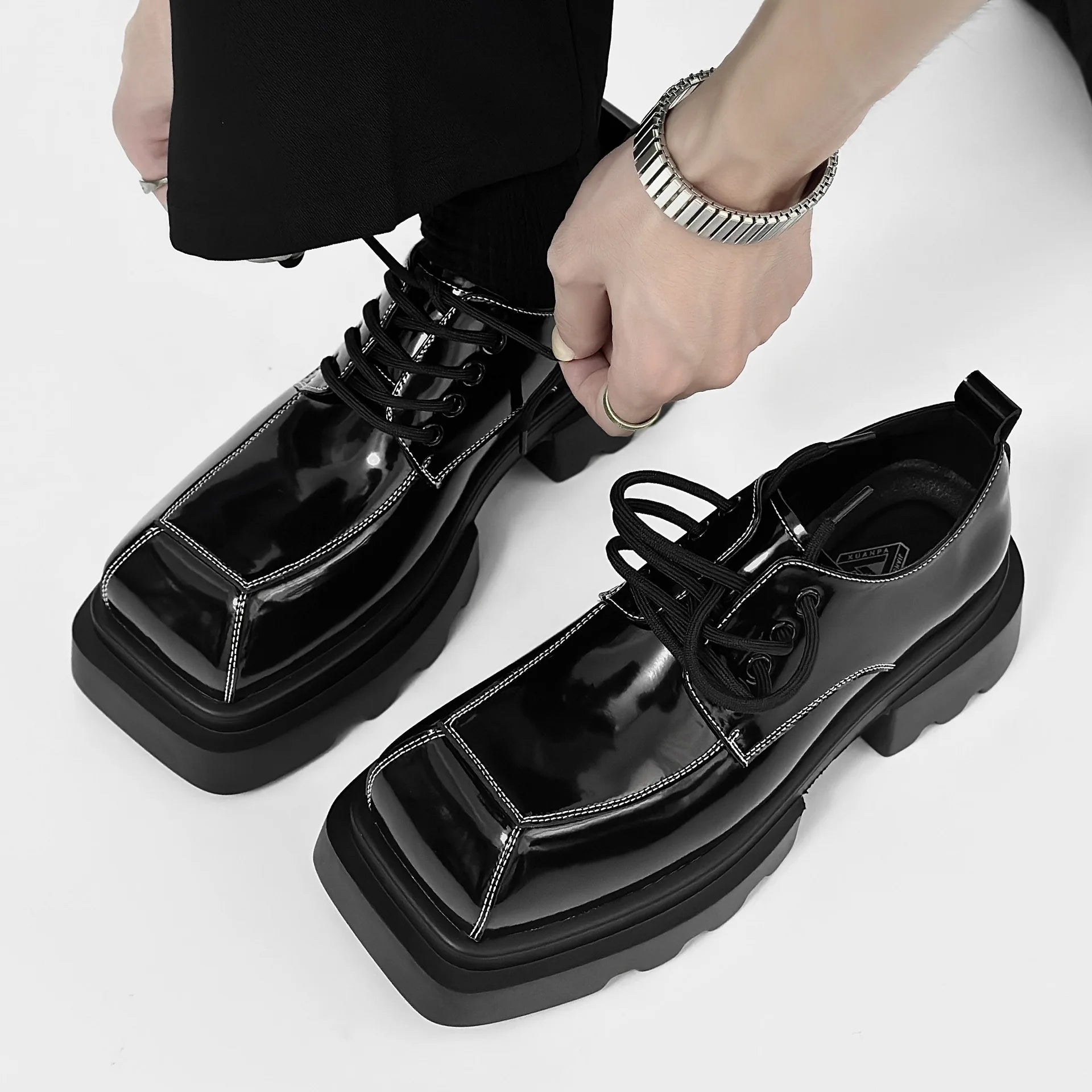 Black Glossy Square Toe Men's Shoes