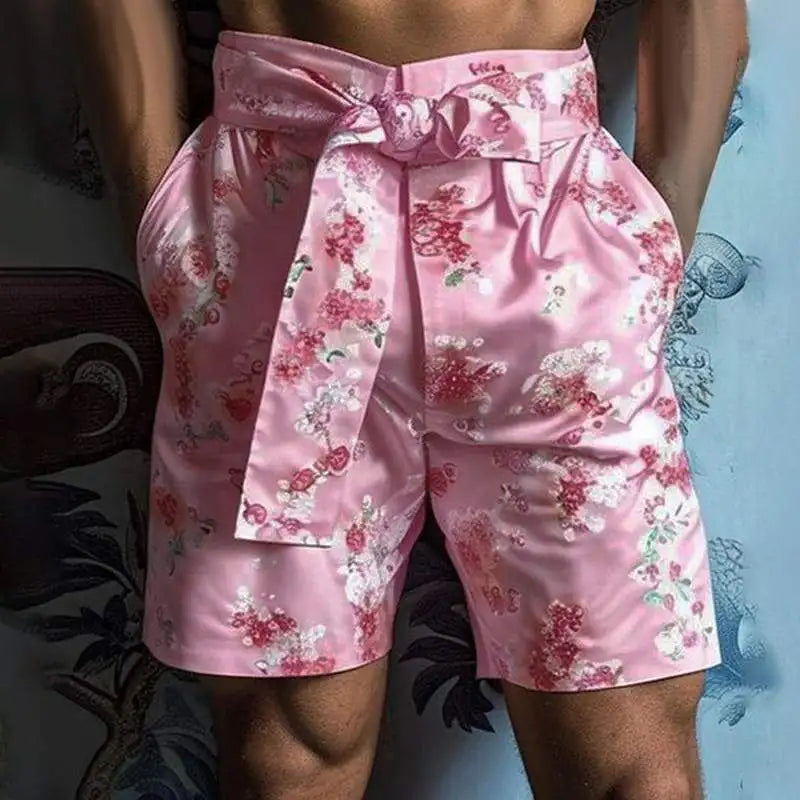 Pink Color Floral Printing Lace Up Shorts