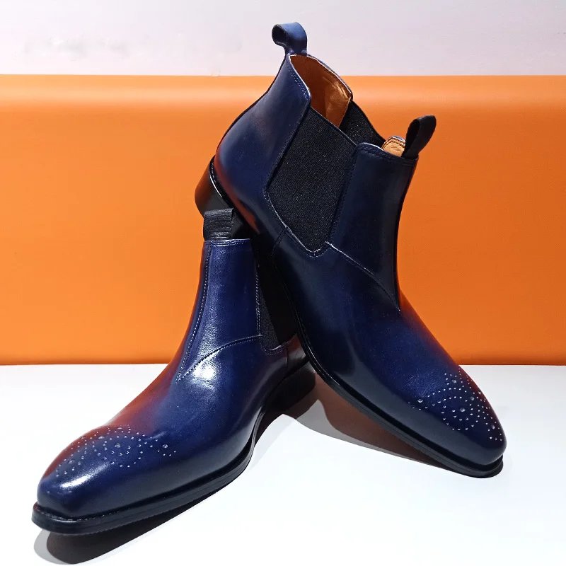 Blue Color Polishing Slip-On Chelsea Boots