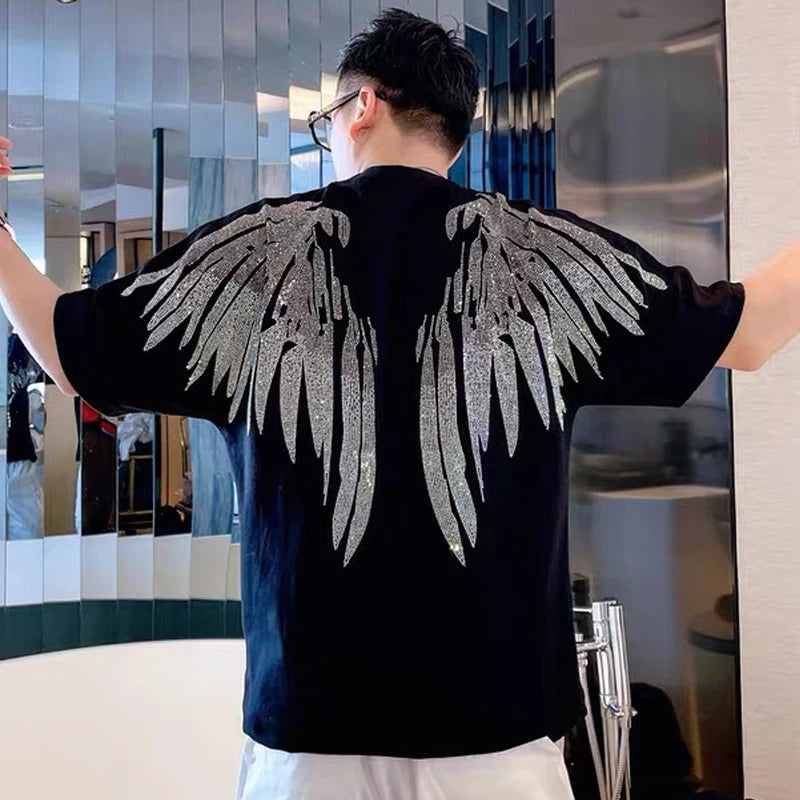 Wings Rhinestone O-neck Casual T-Shirt