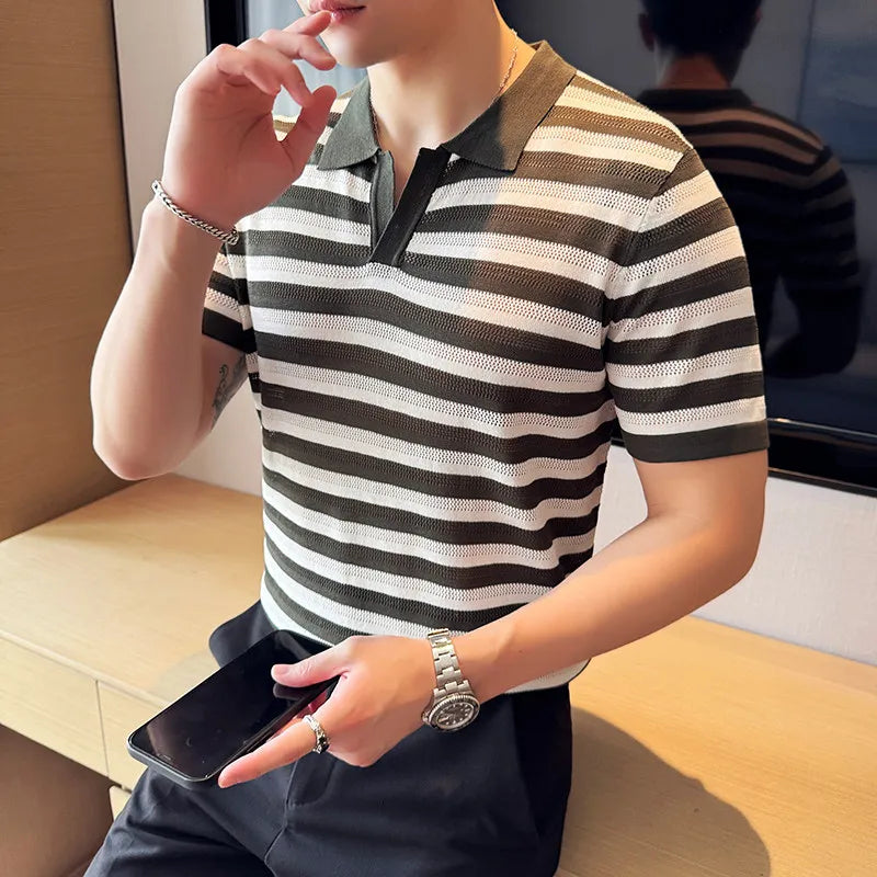 Striped V-Cut Short Sleeve Polo Shirt