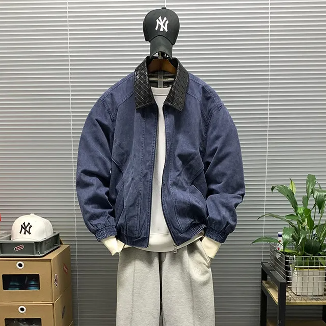 Plaid Leather Collar Solid Jacket