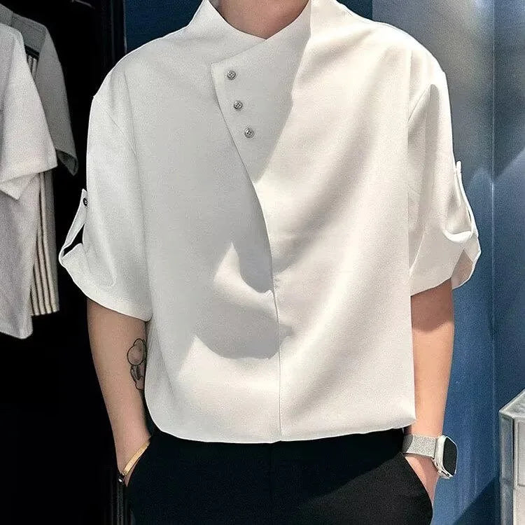 Solid Button Stand Collar Men's Shirt