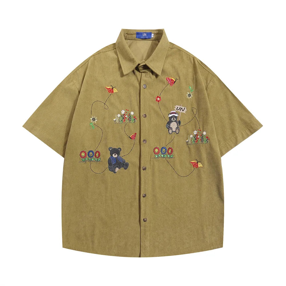 Little Bear Embroidery Corduroy Shirt