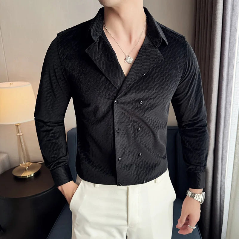 Solid Double Breasted Velvet Casual Shirt