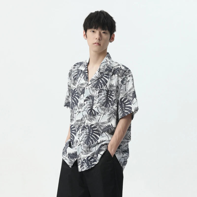 Leaf Printing Turn-down Collar Shirt