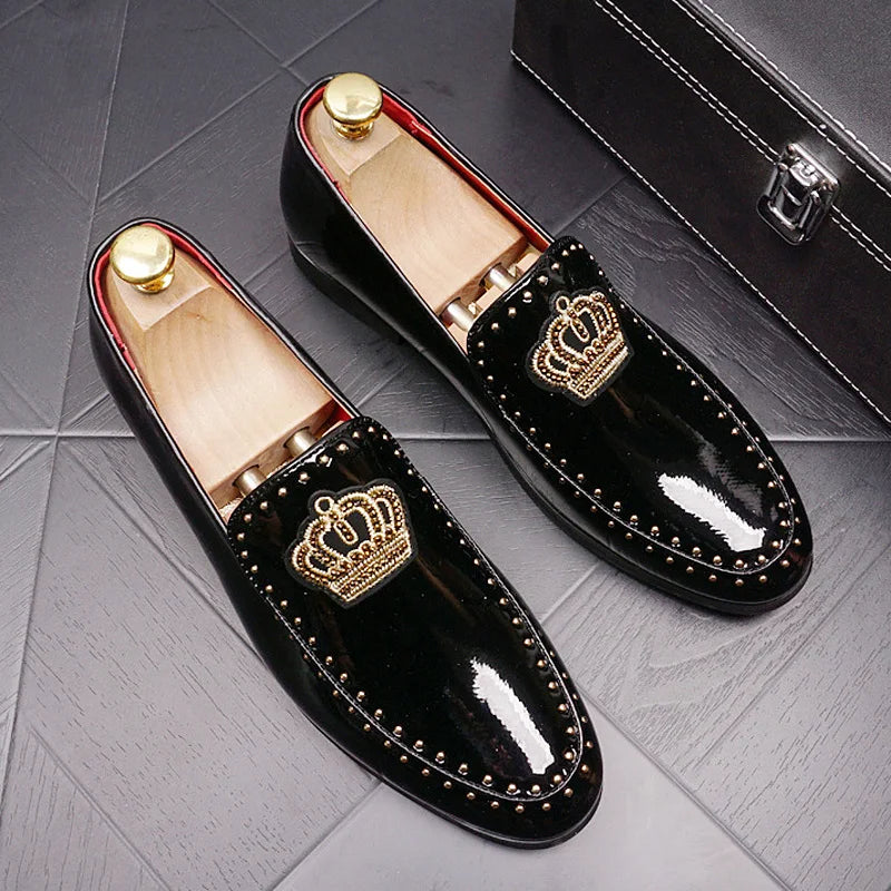 Crown Embroidery Black PU Loafers