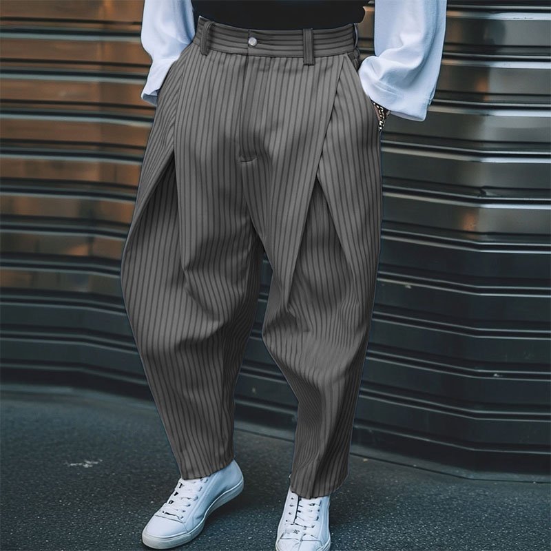 Striped Button Pleated Oversized Pants