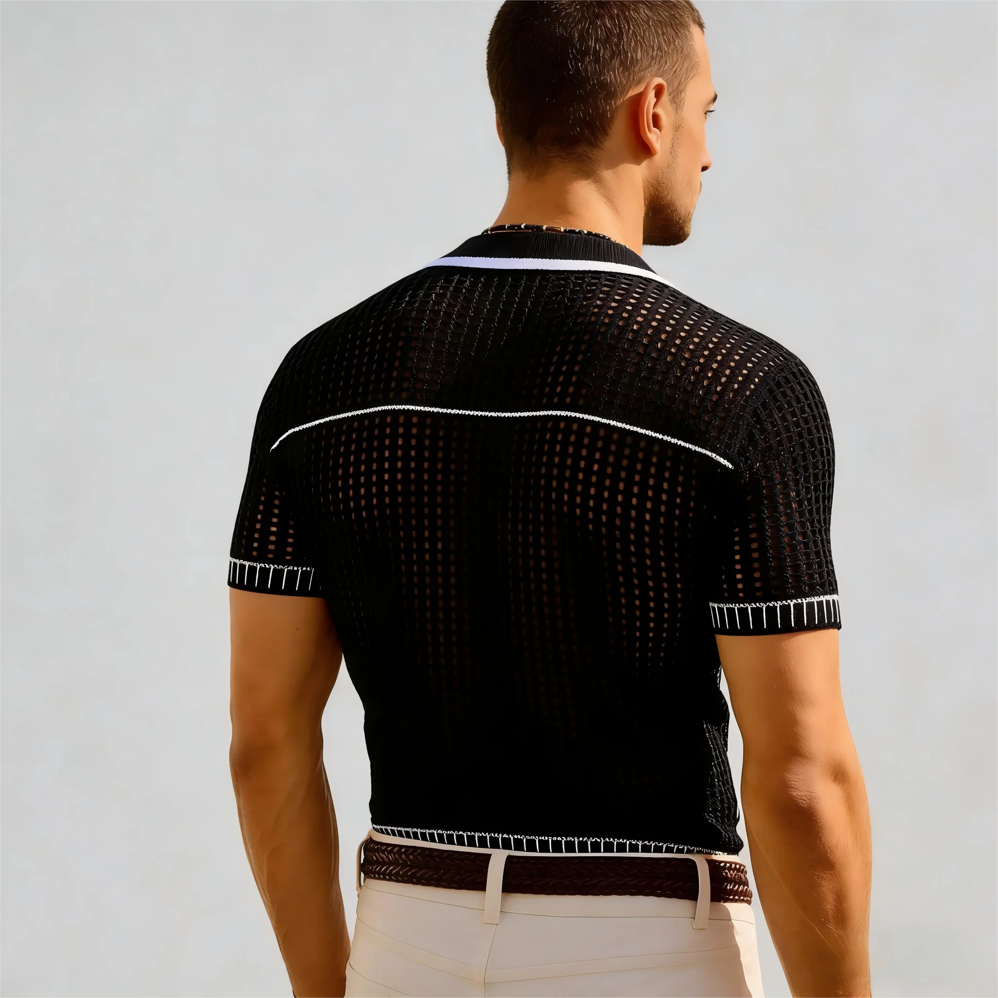 Hollow Out Knit Short-Sleeved Shirt