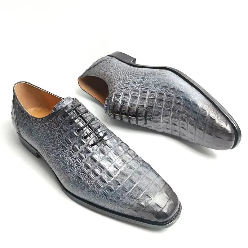 Grey Color Crocodile Leather Pattern Shoes