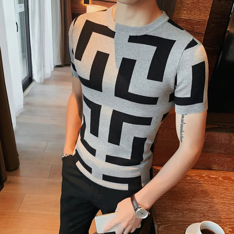 Geometric Solid Contrast Knitwear T-Shirt