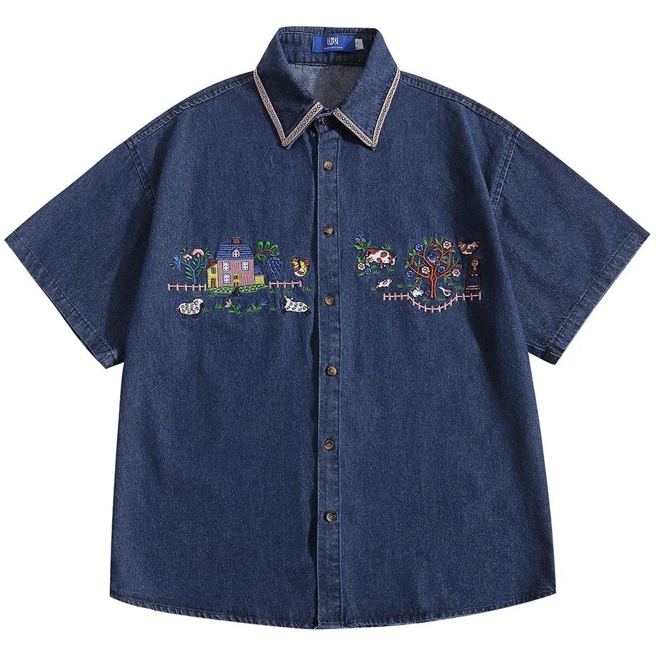 Blue Embroidery Short Sleeve Shirt