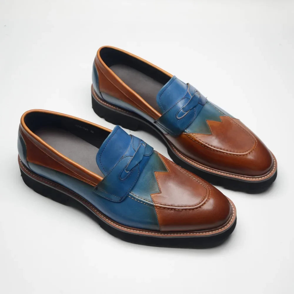 Blue Brown Genuine Leather Men's Loafers