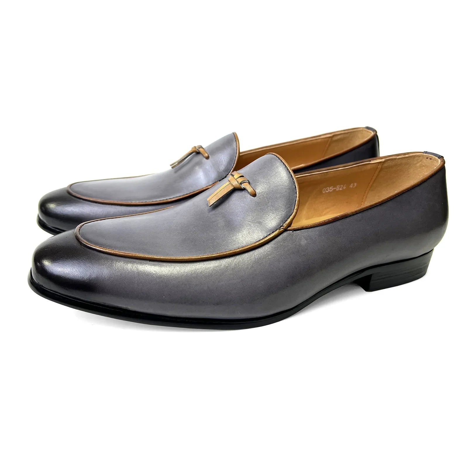 Gray Solid Tassels Genuine Leather Loafers