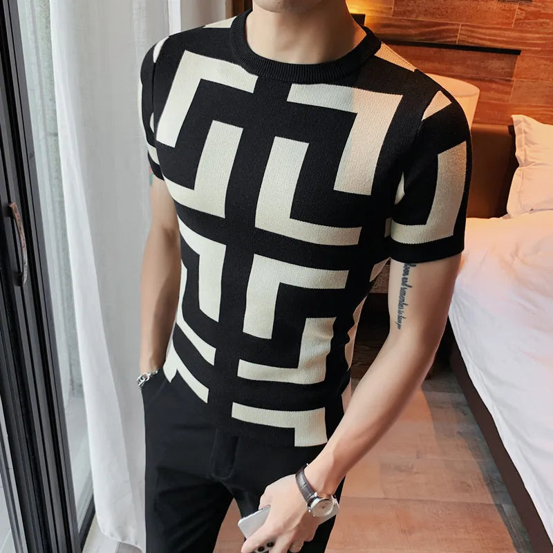 Geometric Solid Contrast Knitwear T-Shirt