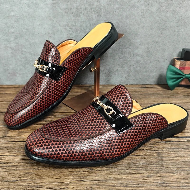 Brown Geometric Genuine Leather Mules Shoes