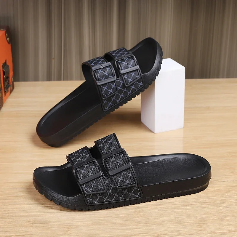 Double Buckle Geometric Slip-On Sandals