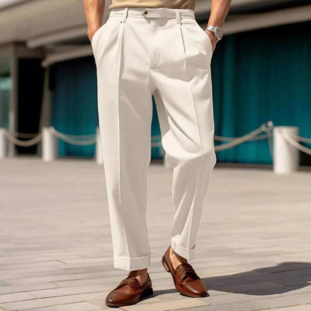 Solid Button Belt Straight Trousers