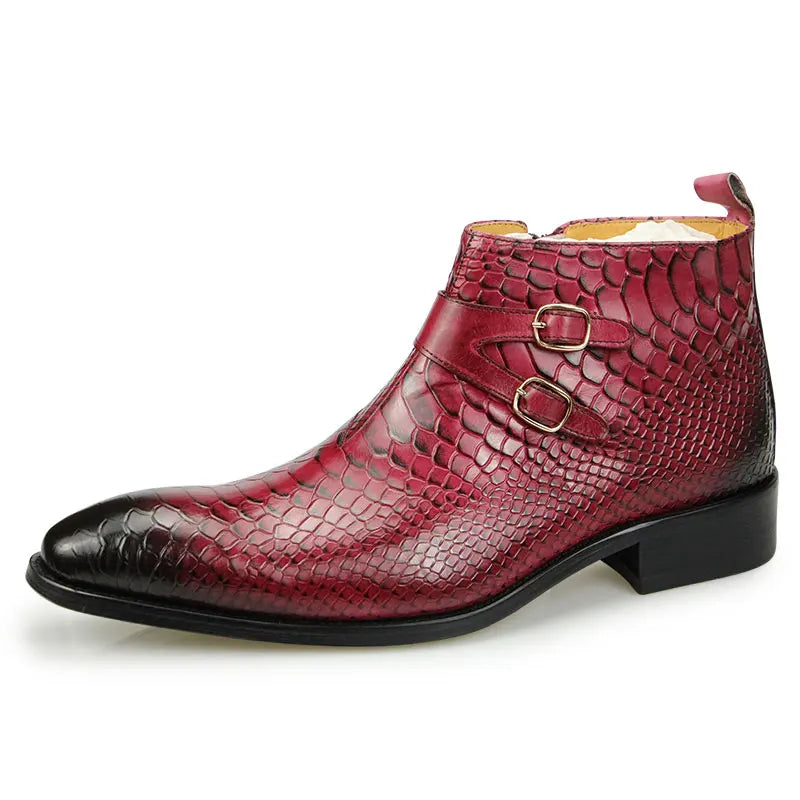 Snakeskin Print Leather Buckle Boots