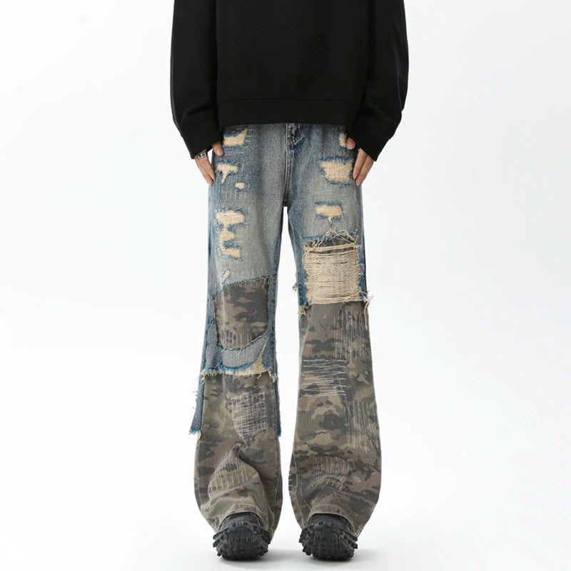 Ripped Camouflage Patchwork Denim Jeans