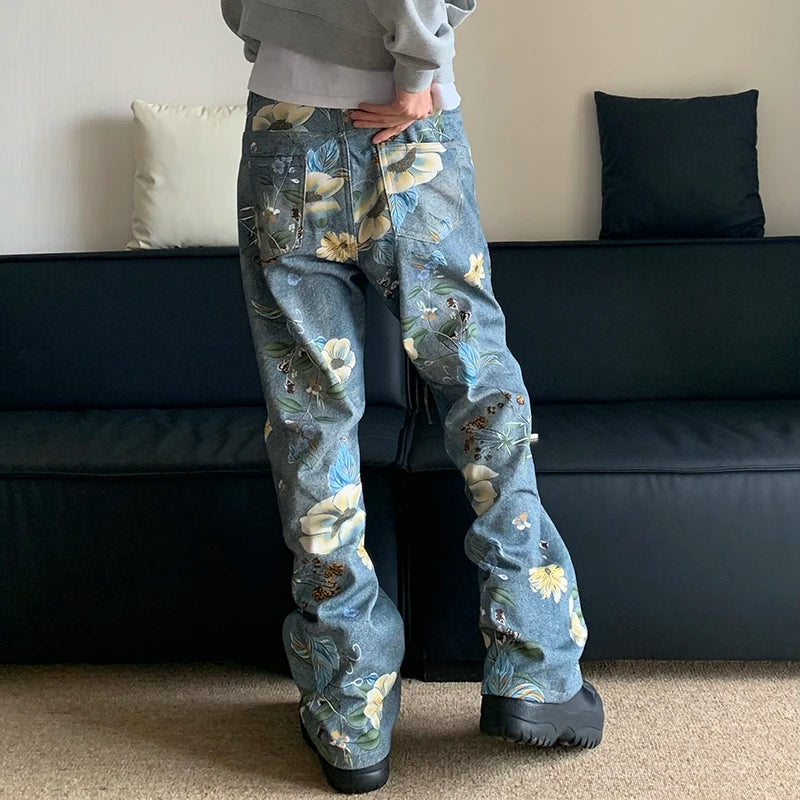 Full Print Floral Loose Denim Jeans