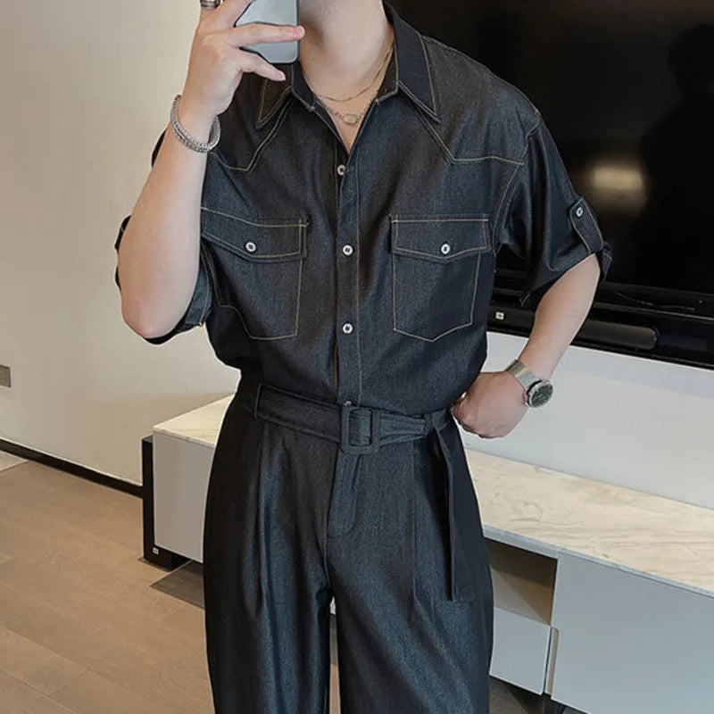 Casual Solid Denim Shirt Pants Set