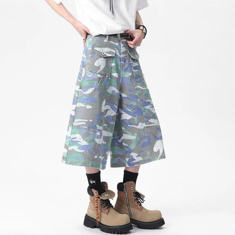 Casual Camouflage Multi-Pocket Denim Capri