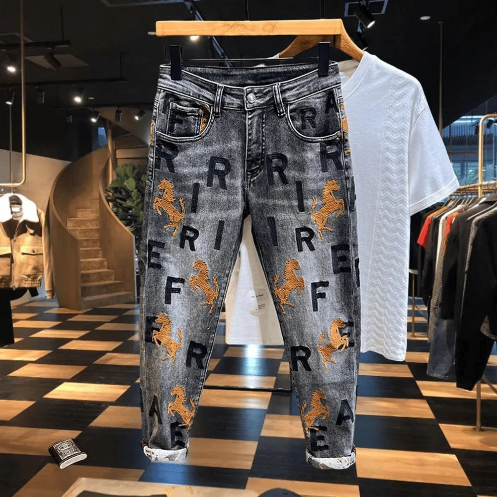 Letter Contrast Embroidered Streetwear Jeans