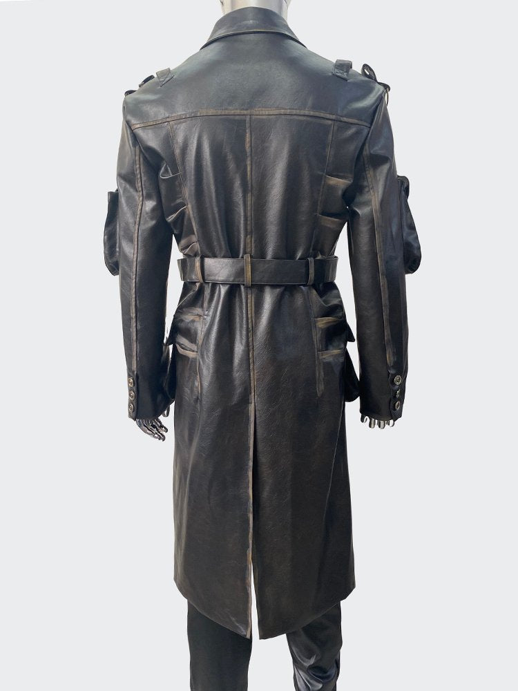 Black Double-Breasted PU Leather Trench Coat